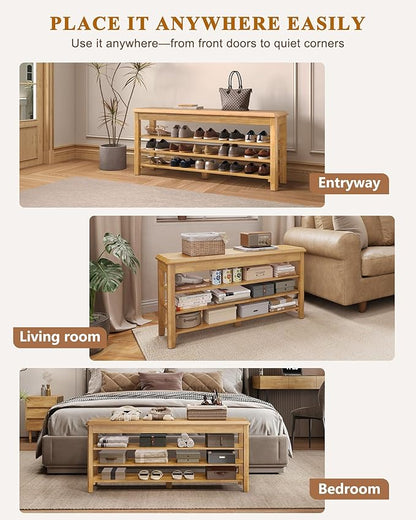 Shoe Rack Bench Seat Rubberwood 3-Tier Wooden Storage Bench 550lbs Compact Mid-Century Modern Design for Entryway, Hallway, Closet, Front Door Entrance, Foyer