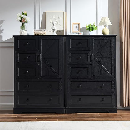 SOOWERY Black Dresser for Bedroom, 5 Drawers Farmhouse Wood Dresser with Double Storage Cabinet, 48 Inches Tall Chest of Drawers for Bedroom, Living Room, Hallway