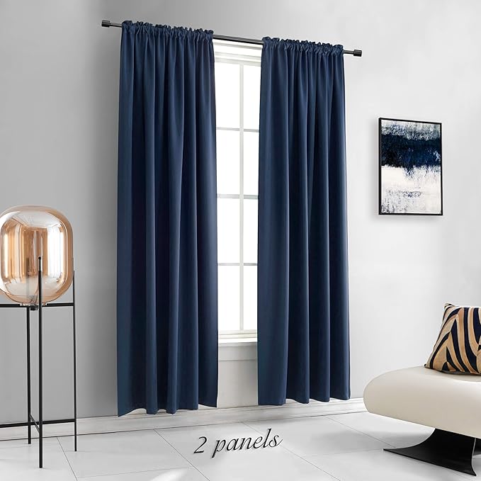 DONREN 2 Panels 90 Inches Long Navy Blue Blackout Curtains for Living Room - Home Decorator Thermal Insulated Room Darkening Window Curtain Drapes for Bedroom,Set of 2 Panels,52 x 90 Inch Length