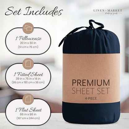 Linen Market Bed Sheets for Twin Size Bed (Navy) - Sleep Better Than Ever with These Soft and Cooling Twin Sheets - Deep Pocket Fits 16" Thick Beds - 3 Piece Twin Sheet Set