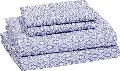 Amazon Basics Lightweight Super Soft Easy Care Microfiber 4 Piece Bed Sheet Set With 14" Deep Pockets, Queen, Blue Damask, Printed