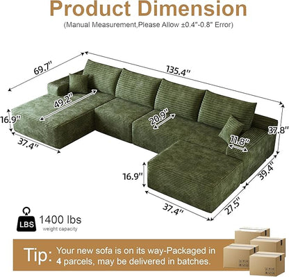 136" Sectional Couches for Living Room Modern Modular Sofa with L-Shape Couchs Upholstered Boneless Couch Deep Seat Sectional Couch with Chaise (Green, Left Facing Chaise+3Seaters+Ottoman)