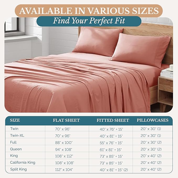 Casa Platino Bedding Sheets & Pillowcases, Pre-Washed Ultra Soft & Breathable Bed Sheets Twin XL, Brushed Microfiber Sheet Set, Fade Resistant Twin XL Size Sheets Set with Deep Pockets - Rose Dawn