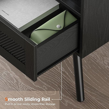 SUPERJARE Nightstand with Charging Station, Bedside Table with Texilene Surface Drawers, Rattan Side Table with Storage & Solid Wood Feet, End Table for Bedroom, All Black