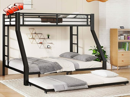 Higher Quality & Stronger Metal Bunk Bed Twin XL Over Queen Size Bunkbed Frame, Thickened Heavy Duty More Stable Steel Bunk Bed with Twin Size Trundle (Twin XL Over Queen)