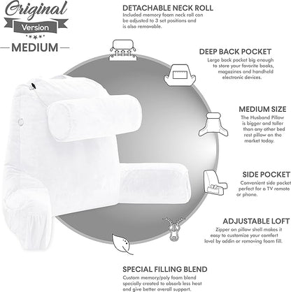 Husband Pillow Medium White, Backrest for Kids, Teens, Petite Adults - Reading Pillows with Arms, Adjustable Loft, Plush Memory Foam, Bed Rest Chair for Sitting Up, Detach Neck Roll, Removable Cover