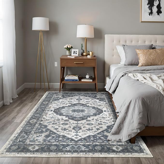 3x5 Vintage Washable Area Rug for Living Room,Low Pile Non Slip Carpet Non-Shedding Small Area Rug Soft Indoor Stain Resistant Rug Floral Print Mat for Bedroom Dining Room Blue Beige