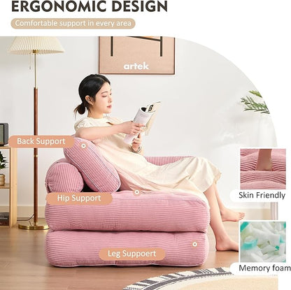 Plus Futon Sofa Bed for Small Spaces, Floor Couch with Armrest, Folding Sofa Couch, Convertible Sleeper Chair Bed with Pillow, Portable Comfy Floor Lounge for Living Room and Bedroom, Pink
