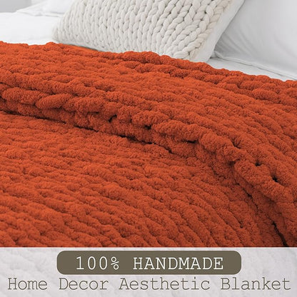 Chunky Knit Throw Blanket 50"X 60", 100% Handmade with Soft Chenille Yarn, 4.4lbs Thick Cable Knitted Blankets, Large Rope Knot Crochet Throws for Couch Sofa Bed Home Decor, Rust