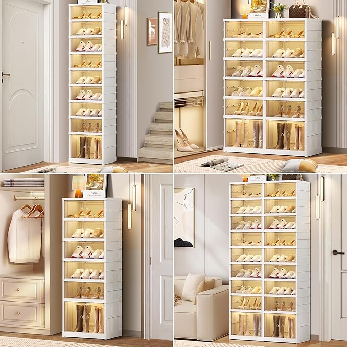 3-Tier Foldable Shoe Rack Organizer for Closet 12Pairs Plastic Shoe Shelf Collapsible Shoes Storage Box Clear Shoe Boxes Stackable with Door Easy Assembly Shoe Cabinet with Lids Large