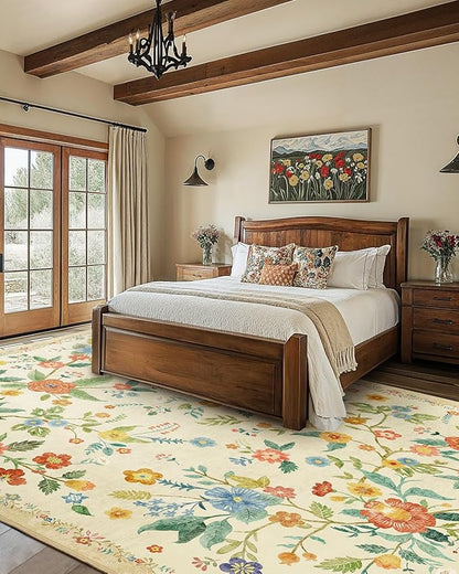 Amada 8x10 Area Rugs, Non-Slip & Low-Profile Large Area Rug with Reinforced Edge Binding, Washable Soft Boho Floral Rugs for Living Room, Bedroom, Dining Room