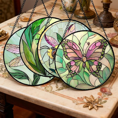 Stained Glass Window Hanging 4 Pcs Set Pink Green Insect Theme Large 15" - Butterfly Suncatcher Door Garden Sun Catcher Decor Birthday Christmas for Mom Woman Nana Men