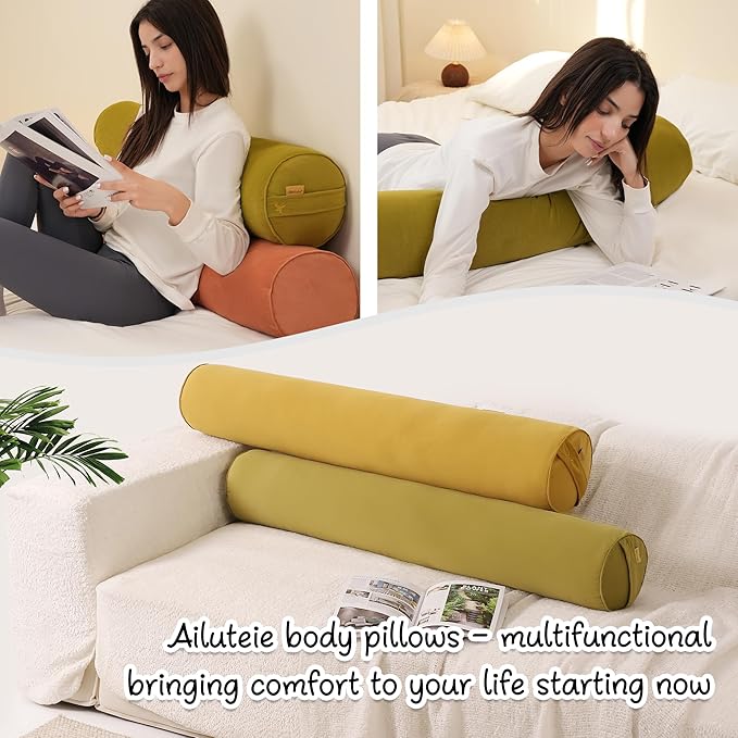 Long Round Body Pillow for Adults – Bolster Pillow for Bed, Cervical Roll Pillow, Firm Support for Sleeping,47 x 7.87 Inches,Golden Yellow