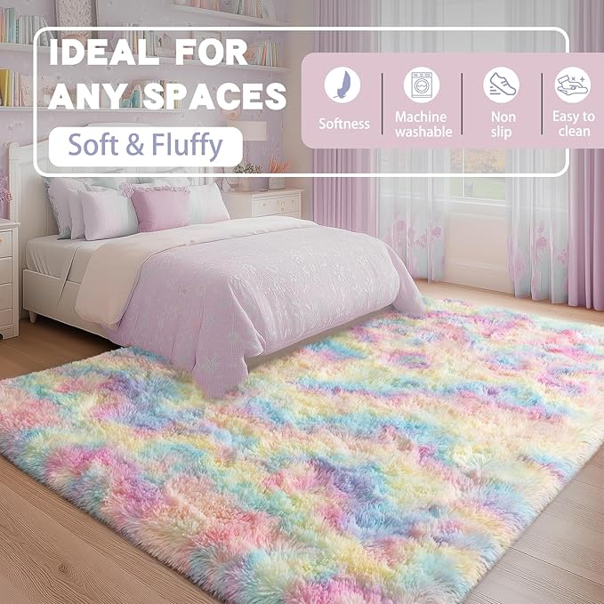 8x10 Fluffy Rainbow Rug for Living Room, Large Colorful Tie Dyed Shaggy Area Rugs for Bedroom Girls Kids Room, Soft Non Slip Fuzzy Shag Rug for Nursery Dorm Home Decor