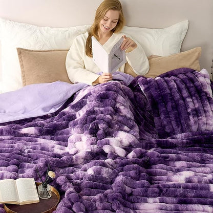 Cozy Bliss Faux Fur Throw Blanket for Couch, Cozy Warm Plush Striped Blanket for Sofa Bedroom Living Room, 90 * 90 Inches Tie-dye Purple