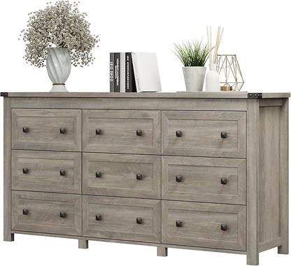 Dresser for Bedroom with 9 Drawers, Farmhouse Wood Chest of Drawers, Wide TV Stand Closet Storage Furniture with Metal Handle, Modern Clothes Organizer for Hallway, Living Room, Entryway, Light Grey