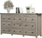 Dresser for Bedroom with 9 Drawers, Farmhouse Wood Chest of Drawers, Wide TV Stand Closet Storage Furniture with Metal Handle, Modern Clothes Organizer for Hallway, Living Room, Entryway, Light Grey