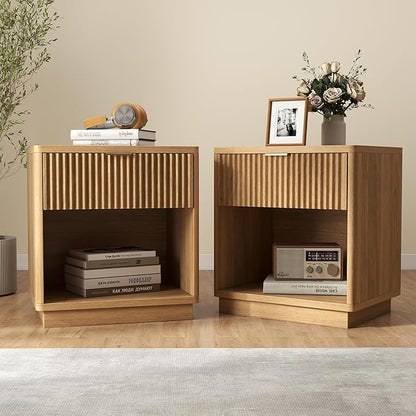 Miereirl Fluted Nightstands Set of 2 with Charging Station, LED Nightstand with Rounded Edge, 22" W Farmhouse Nightstand for Bedroom, Natural Oak