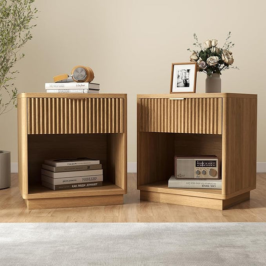 Miereirl Fluted Nightstands Set of 2 with Charging Station, LED Nightstand with Rounded Edge, 22" W Farmhouse Nightstand for Bedroom, Natural Oak