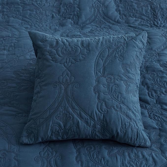 CHIXIN Bedspread Coverlet Set Queen Size - Lightweight Bedding Cover - Beautiful Stitching - 5 Piece Reversible Bedspread - Gorgeous Damask Paisley Pattern (Queen, Navy)