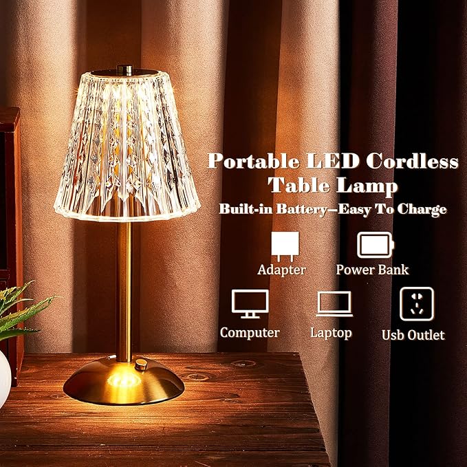 Liliful 1 Pcs Cordless Table Lamp Rechargeable Touch LED Small Gold Portable Battery Operated USB-c Desk Lamp 3 Color Dimmable for Bedroom Living Room Dining (Gold,Classic Style)