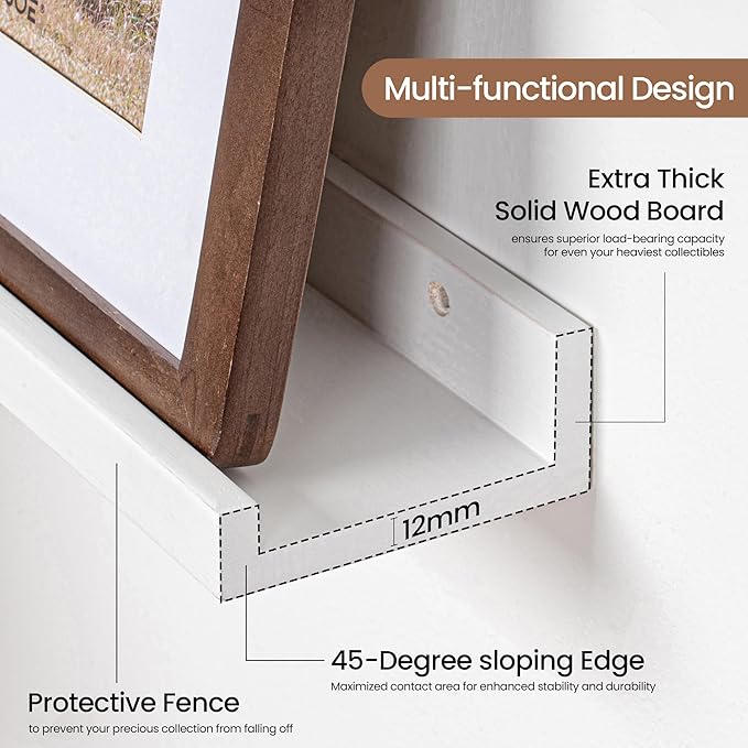 Fun Memories Picture Ledge Shelf, Solid Pine Wood Floating Shelves Set of 4, 16 Inches Nursery Book Shelves for Toys Storage, Kids Bookshelf Wall Mounted for Living Room Decor Photo Frames, White