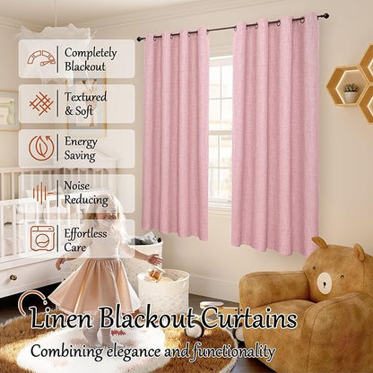 Baby Pink Linen Blackout Curtains for Nursery 63 Inch Length 2 Panels Set, Thermal Insulated Boho Total Black Out Noise Reducing Bonzer Grommets Window Curtains for Girls Bedroom, Each 52 Inch Wide