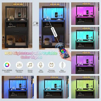 VIAGDO Nightstand with Charging Station and LED Lights, Black Night Stand with Drawer, Modern End Side Table with Open Storage Shelves, Bedside Tables for Bedroom, Office