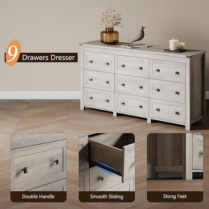 Dresser for Bedroom with 9 Drawers, Farmhouse Wood Chest of Drawers, Wide TV Stand Closet Storage Furniture with Metal Handle, Modern Clothes Organizer for Hallway, Living Room, Entryway, Light Grey