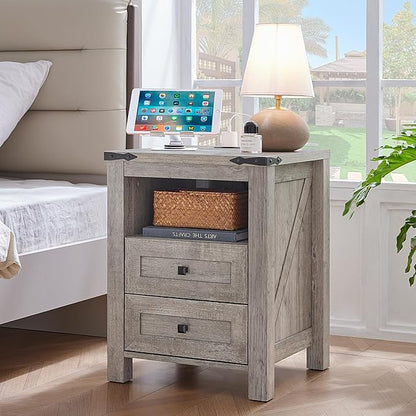 Joaxswe Nightstand with Charging Station and USB Port, Farmhouse Night Stand with 2 Drawers and Shelf Storage, Wooden Side End Table, Bedside Cabinet for Bedroom, Living Room, Closet,Office (Grey)