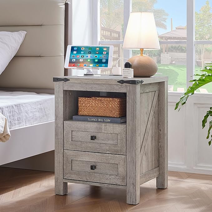Joaxswe Nightstands Set of 2 with Charging Station, Farmhouse Night Stand with 2 Drawers and Shelf Storage, Wooden Side End Table, Bedside Cabinet for Bedroom, Living Room, Closet,Office (Grey)