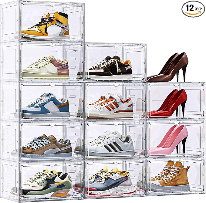 12 Pack XX Large Shoe Organizer, Heavy-Duty Hard Thicken Plastic Clear Stackable Shoe Storage Box Organizer for Closet, Space-Saving Shoe Rack Display Case Bin Containers for Sneakers, Clear