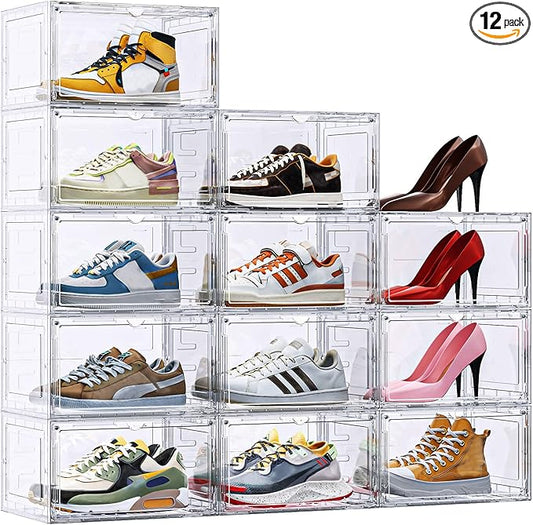12 Pack XX Large Shoe Organizer, Heavy-Duty Hard Thicken Plastic Clear Stackable Shoe Storage Box Organizer for Closet, Space-Saving Shoe Rack Display Case Bin Containers for Sneakers, Clear