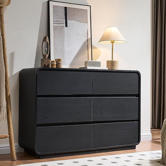 Curved Dresser with 6 Drawers, 47" Wide Chest of Drawers with Clothes Storage Organizer, Wood Dresser Closet for Living Room, Hallway (Black)