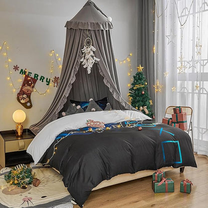 VETHIN Bed Canopy for Girls,Princess Round Dome Dreamy Mosquito Net Bedding Girls Room Castle Play Tent Hanging House Decor Reading Nook Canopies (Grey)