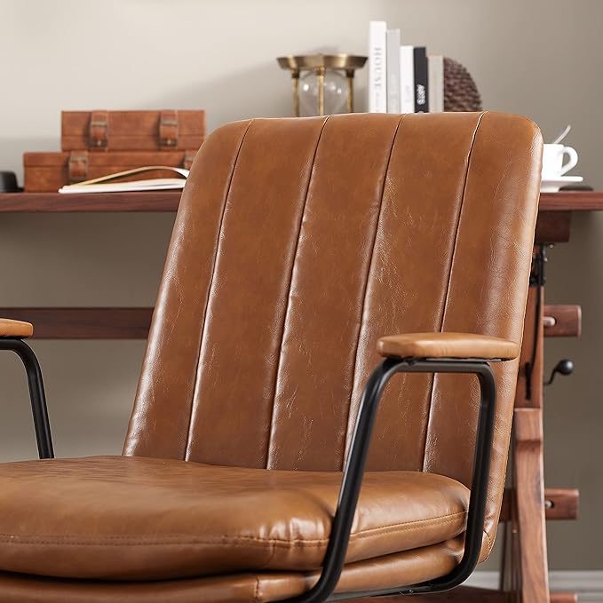 Art Leon Desk Chair No Wheels, Set of 2, Mid Century Modern Swivel Chair with Oak Wood Legs, Faux Leather Home Office Desk Chairs for Bedroom Living Room, Yellow Brown