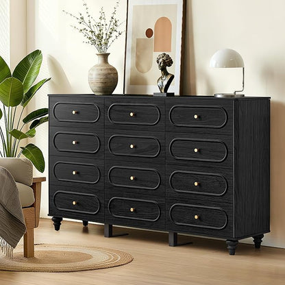 12 Drawer Fluted Dresser for Bedroom, Mid Century Modern Chest of Drawers, Wood Storage Small Dresser Organizer for Bedroom Living Room Hallway Closet, Black