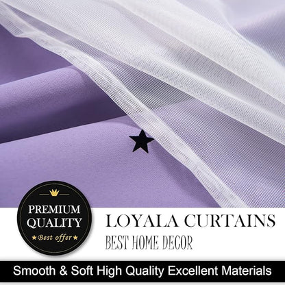 Stars Curtains Double Layer Curtains Blackout Curtains for Bedroom Kids Curtains Cute Curtains Kids Blackout Curtains, Curtains 108 Inches Long 2 Panels Set, Purple Curtains, 52 X 108 Inches