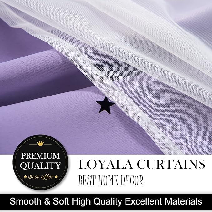 Stars Double Layer Blackout Curtains for Bedroom Kids - Cute Purple Curtains, 2 Panels Set, 52 X 72 Inches
