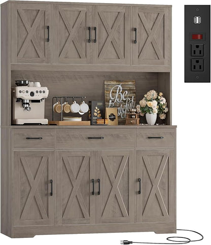 HOSTACK 71" Tall Kitchen Pantry Storage Cabinet with Charging Station, 55" Wide Kitchen Hutch Cabinet with Large Countertop, Farmhouse Food Pantry with Drawers for Living Room (Ash Grey)