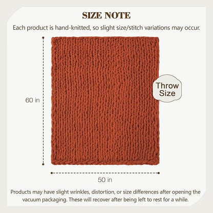 Carriediosa Chunky Knit Throw Blanket 50" X 60", 100% Hand Made Large Chenille Loop Yarn Soft Fluffy Throws for Couch Sofa Bed, Big Crochet Cozy Heavy Thick Cable Woven Blankets, Rust