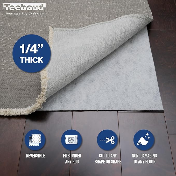 9' x 12' Non-Slip Rug Pad, Reversible Gripper, Non Skid Pads for Hardwood, Vinyl, Tile, Laminate Floors, Keep Area Rugs Secure, Natural Materials Safe for Indoor Flooring, ¼” Thick