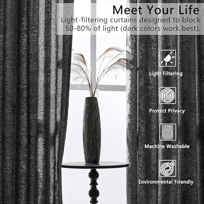 SMILETIME Grey Crushed Velvet Curtains 52x108 inch Luxurious Thermal Insulated Soundproof Drapes for Living Room Bedroom Office Soft and Durable Light-Filtering Window Treatments, 2 Panels