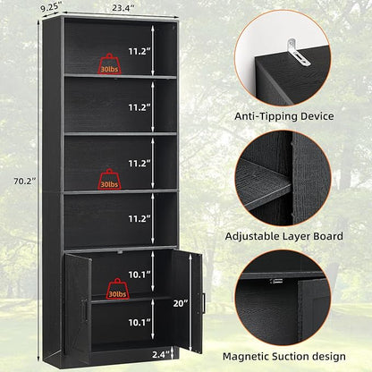 RWYHG 70in Tall Bookshelf 6 Tier Bookcase with Barn Doors and Adjustable Shelf, Black Farmhouse Book Shelves with Storage Cabinet,Wood Floor Standing Display Bookshelve for Bedroom,Living Room,Kitchen