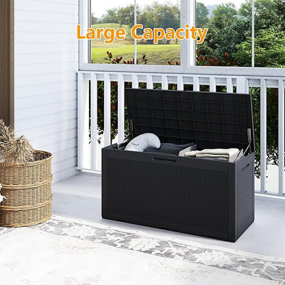 100 Gallon Outdoor Storage Box Waterproof, Resin Deck Boxes with Lockable Lid & UV-Resistant for Patio, Pool, Garden Furniture Cushions & Accessories, Black