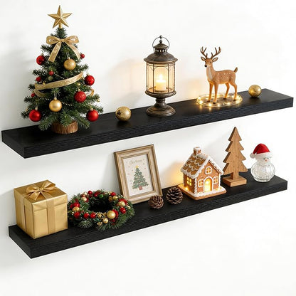 55 Inch Floating Shelves for Wall, 8 Inch Deep Floating Shelf for Storage & Display, Rustic Wall Mounted Shelf with Invisible Brackets for Living Room, Kitchen, Bathroom, Home Decor, Set of 2, Black