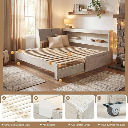 Corner Bed Frame with Extendable Trundle Bed and Bookcase Upholstered Headboard, 3-in-1 Twin Size Wood Daybed with LED Lights and Charging Station, for Bedroom, Guest Room, White