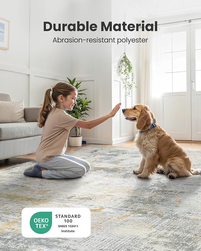 6x9 Area Rugs for Living Room, Modern Abstract Washable Rug with Non-Slip Backing & Low Pile Indoor Carpet for Nursery Room, Bedroom and Dinning Room, Beige