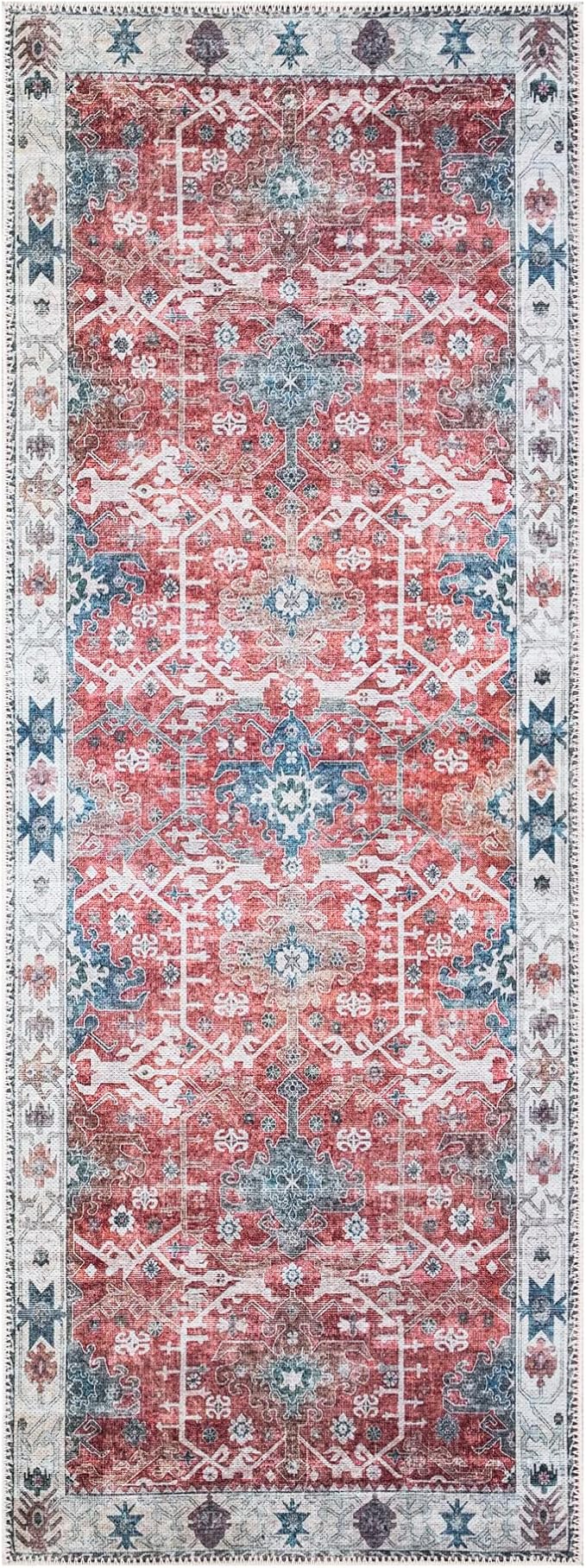Bloom Rugs Washable Non-Slip 12 ft Runner - Red/Blue Traditional Runner for Entryway, Hallway, Bathroom, and Kitchen - Exact Size: 2.5' x 12'