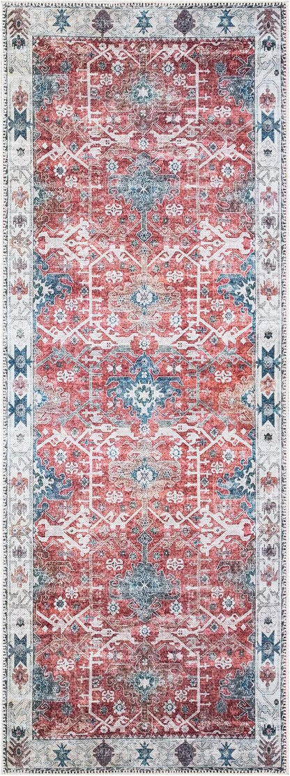 Bloom Rugs Washable Non-Slip 12 ft Runner - Red/Blue Traditional Runner for Entryway, Hallway, Bathroom, and Kitchen - Exact Size: 2.5' x 12'